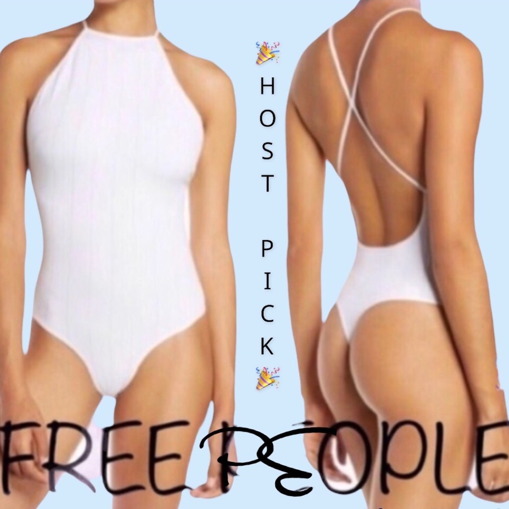 Free People White High Neck Thong Cut Bodysuit